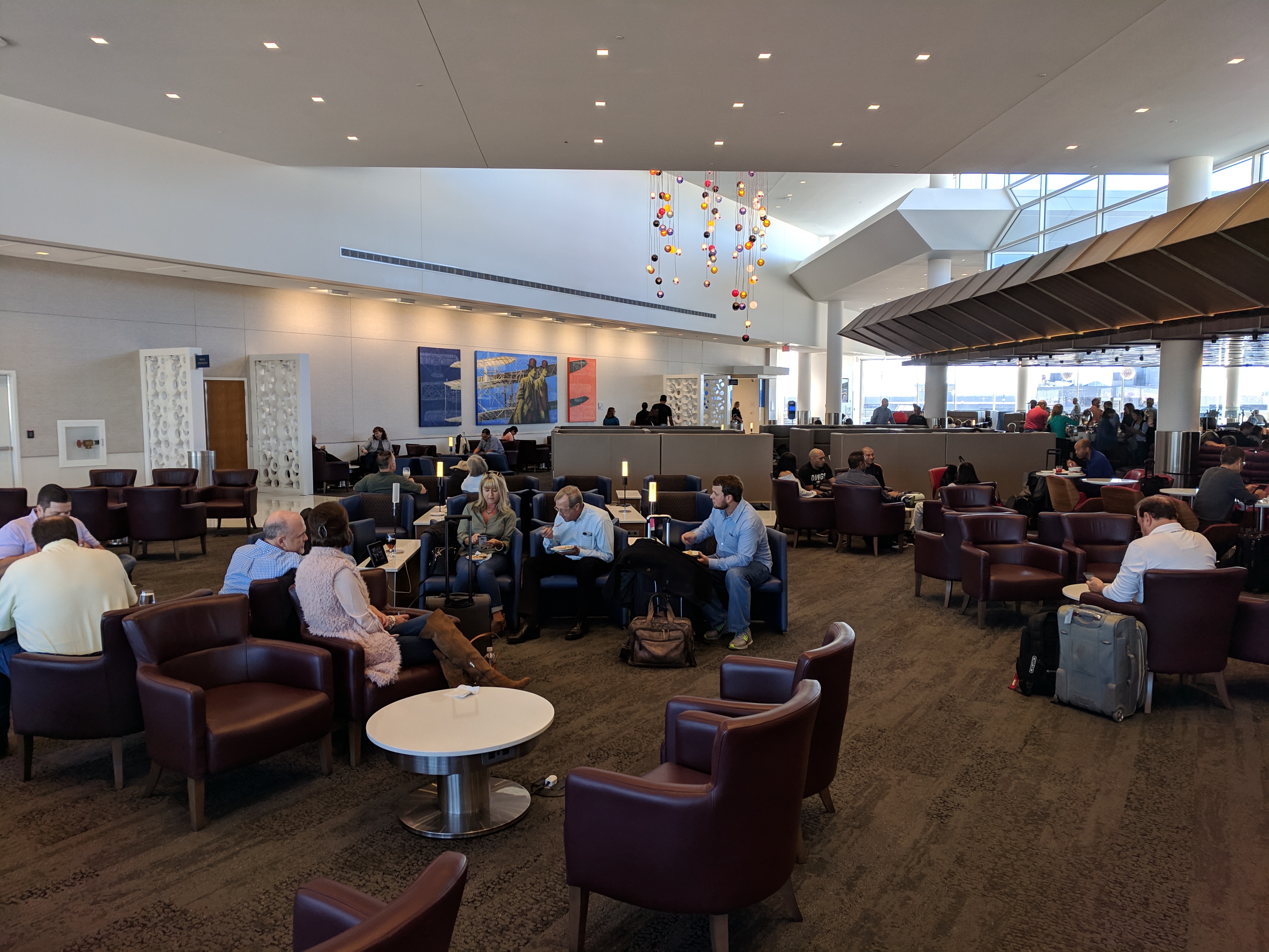 Interior seating inside the Delta Sky Club near Gate B18 in Atlanta Airport Concourse B